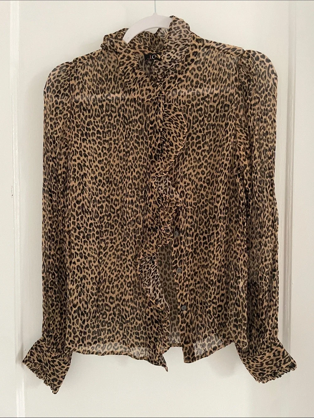 J Crew Leopard-Print Ruffle Front Blouse in Brown and Black Silk sheer